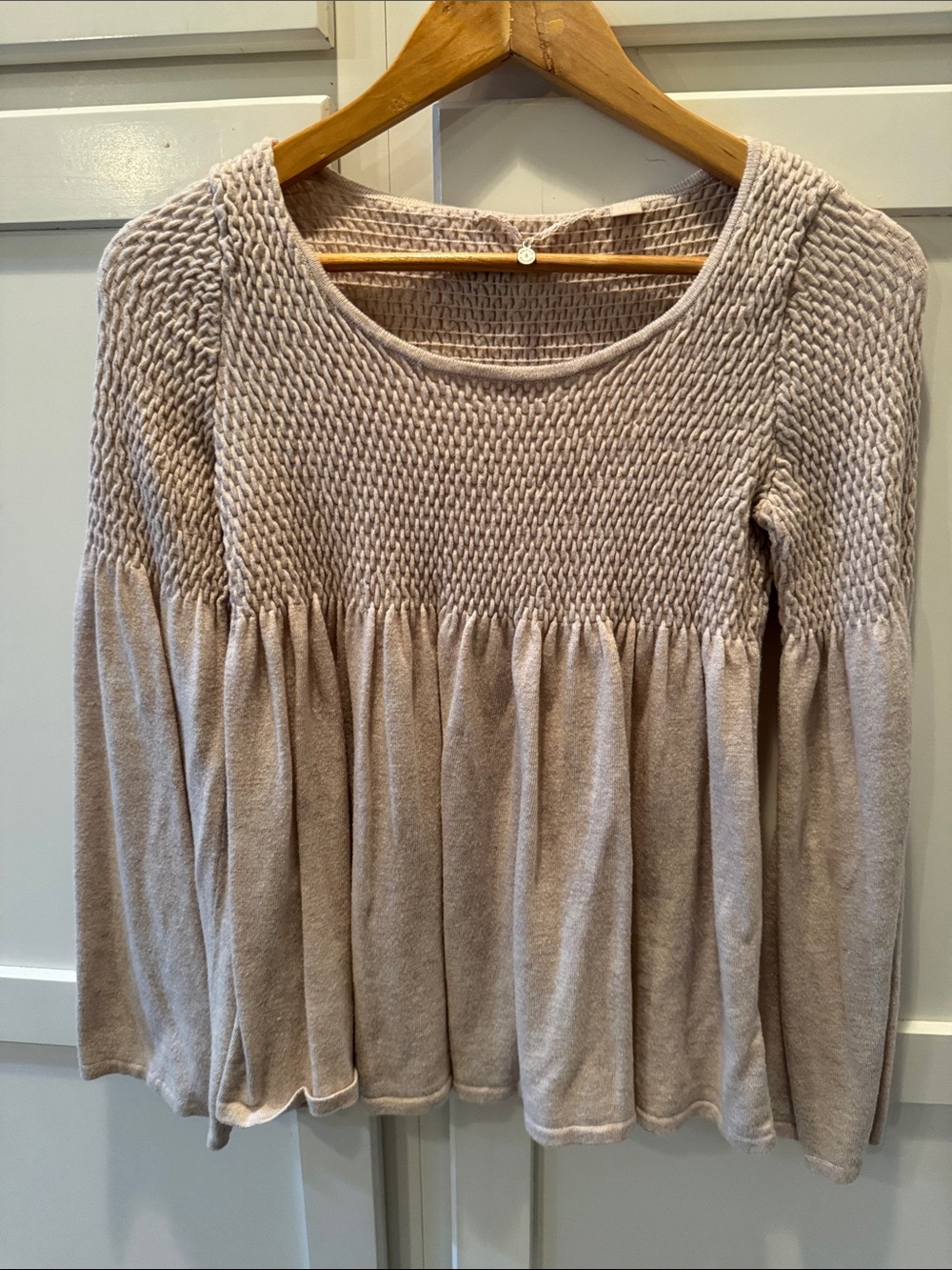 Crewneck Smocked Yoke Babydoll Sweater in Light Beige